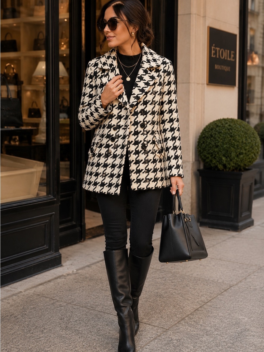 Candie's Cream & Black Houndstooth Peacoat Double Breasted Coat Classic Preppy